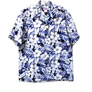 Vintage Hawaii White Blue Floral Hibiscus Shirt 100% Cotton Made In USA Size L